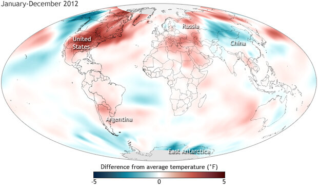 Surface temperatures in 2012 compared to the 1981-2010 average.