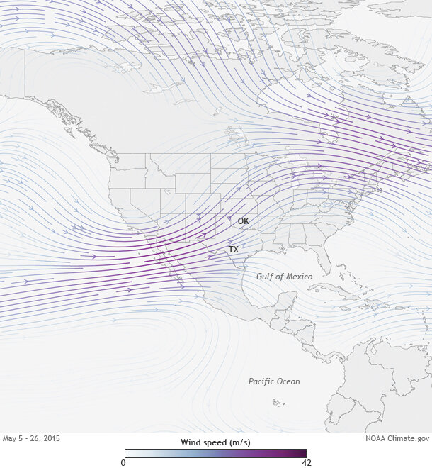 Map of U.S. and North America showing average wind speed (color) and direction (arrows) at the 300-millibar atmospheric pressure level for May 5-26, 2015