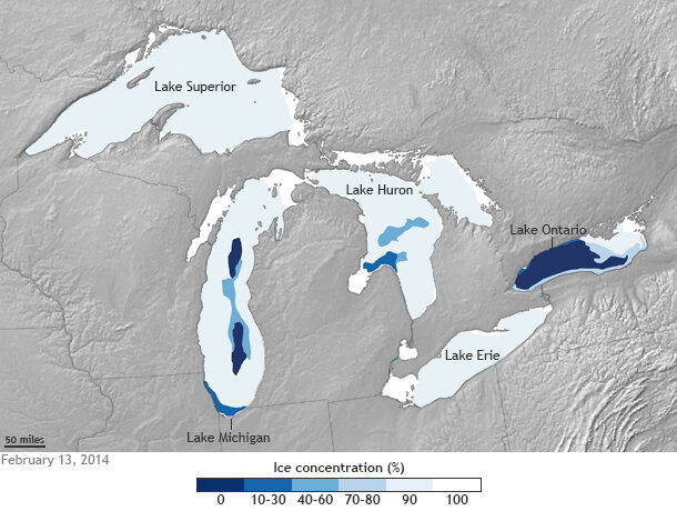Percent ice cover Great Lakes map Feb 13 2014