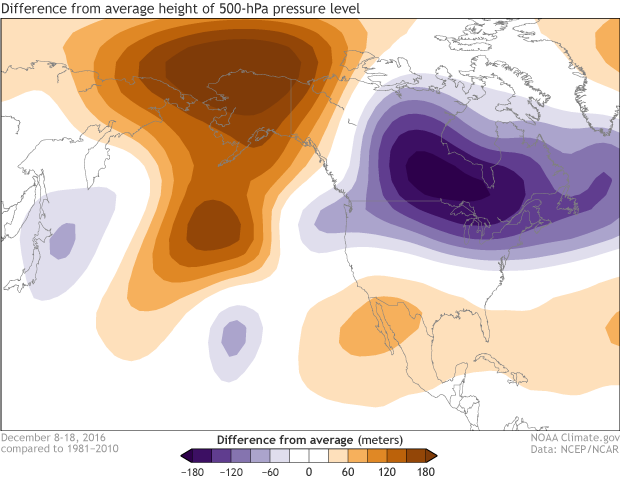 Map of air pressure anomalies over the Pacific and North America in mid-December 2018