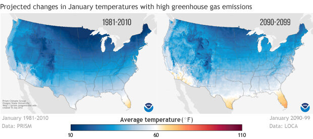 Maps of US showing January average temps from 1981-2020 versus 2090-2099