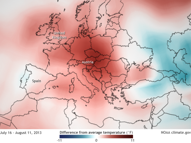 July August temperature anomaly map 2013