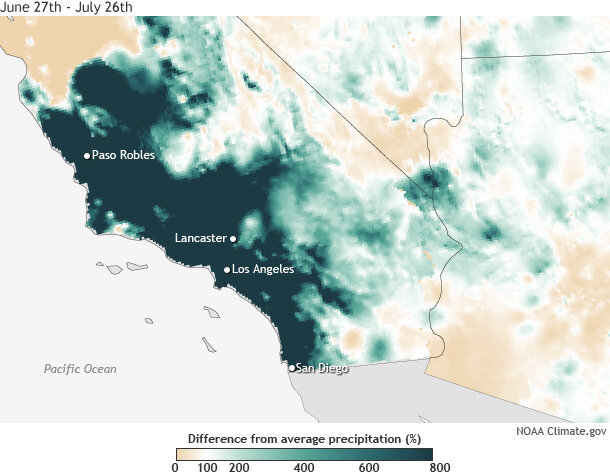 Map showing difference from average precipitation (%) across southern California from June 27-July 26, 2015