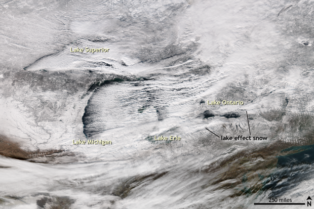 Satellite image of the Great Lakes in snow
