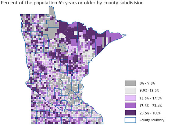 Map of Minnesota counties showing percent of population over 65, with highest areas in the northern part.