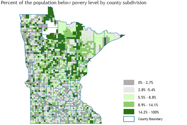 Map of people below the poverty line in Minnesota Counties, with highest levels in the northern counties