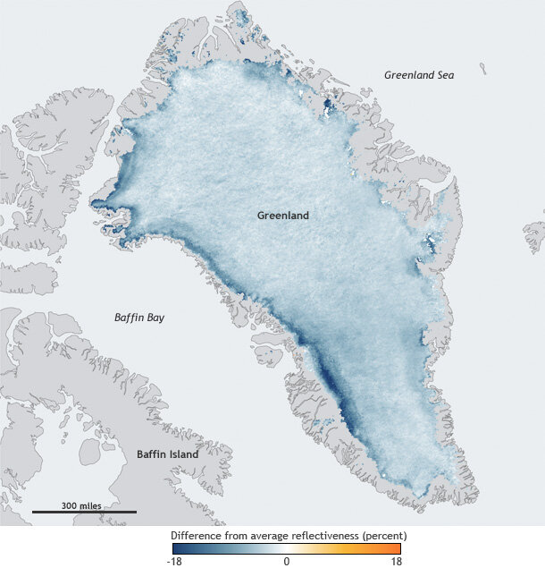 Map of changes in the percent of light reflected by the Greenland Ice Sheet in summer (June-July-August) 2011 compared to the average from 2000 to 2006.