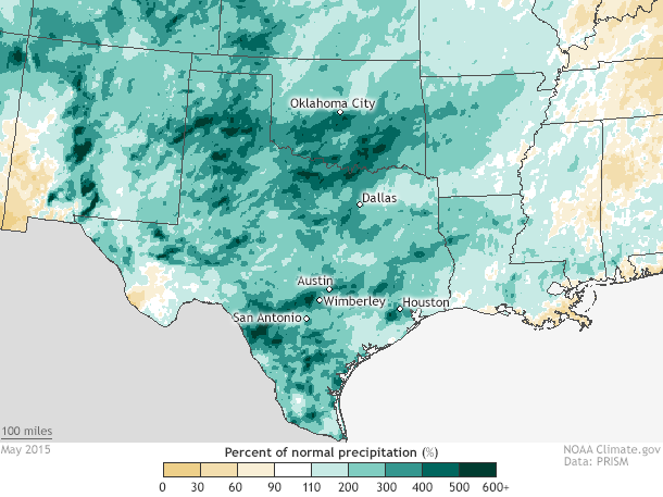 Map showing May 2015 rainfall compared to normal (1981-2010) for U.S. Southern Plains