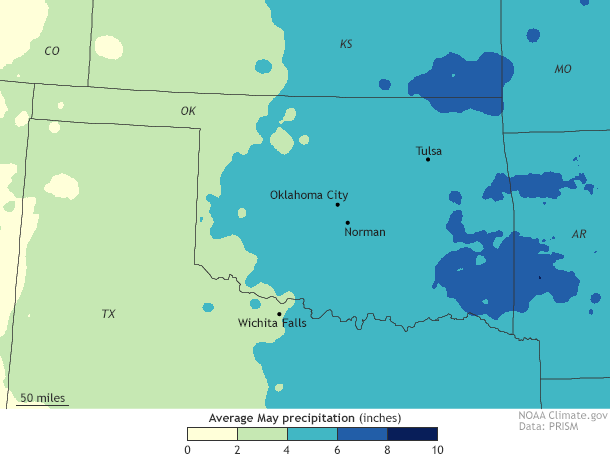 Map showing average precipitation for Oklahoma and surrounding areas during the month of May