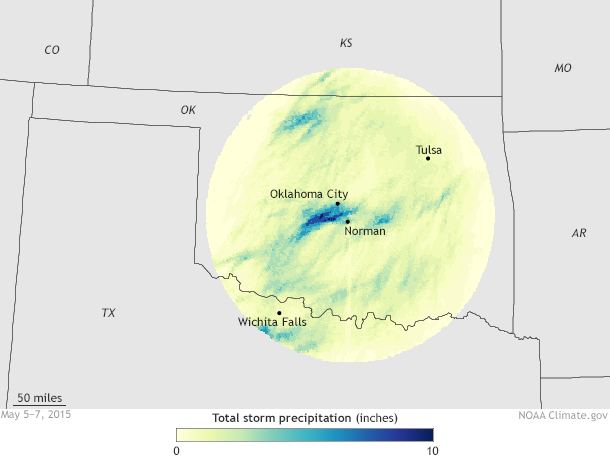 Map of Oklahoma showing storm total precipitation estimated by the WSR-88d radar located in Oklahoma City from 2 a.m. May 5 through 7 a.m. May 7