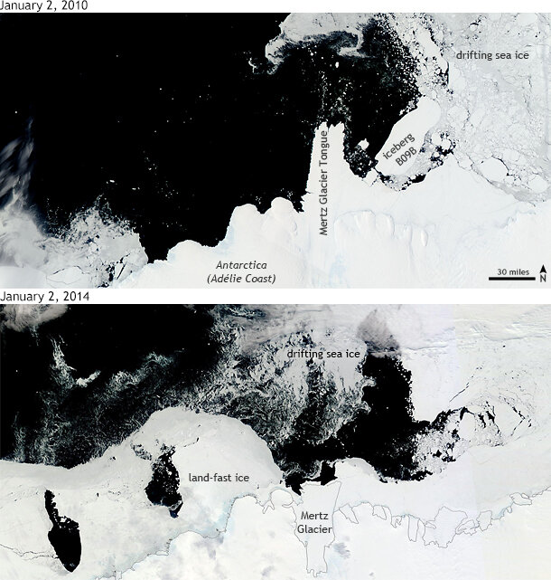 MODIS image pair Mertz Glacier Antarctica January 2010 and 2014