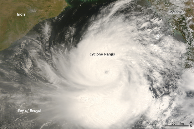 NASA TERRA/MODIS satellite image taken on May 1, 2008 of Cyclone Nargis in the Bay of Bengal