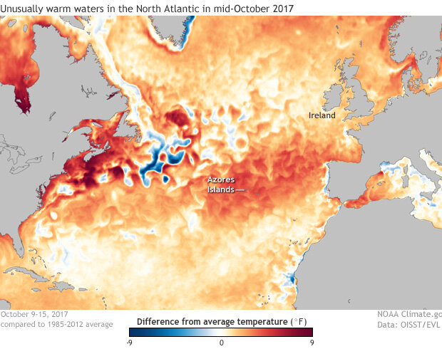 Map of the North Atlantc Ocean showing sea surface temperatures in mid-October 2017 compared to the 1985-2012 average.