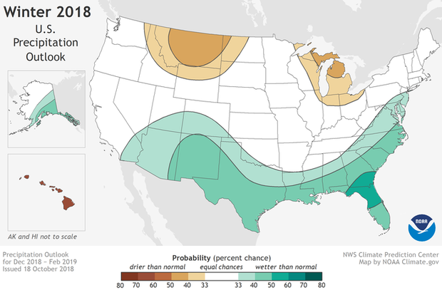 Winter 2018 winter precipitation outlook showing a wetter-than-average season forecast for the southern/mid-atlantic