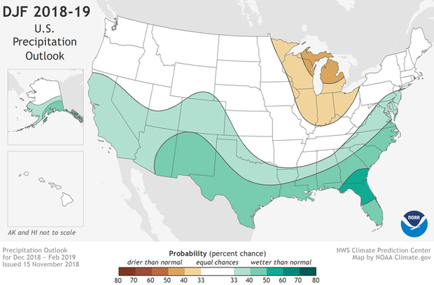 U.S. map showing winter 2018-19 precipitation outlook