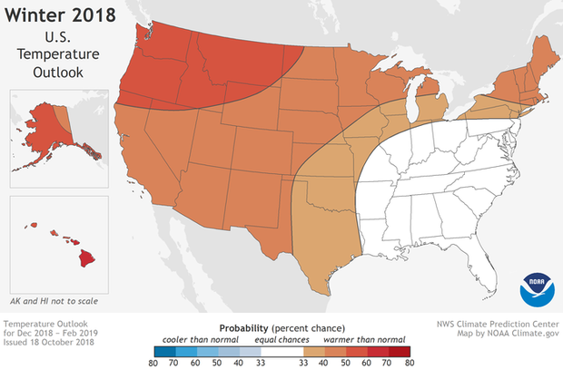 Winter 2018 winter outlook showing a hotter-than-average season forecast for the western/central US