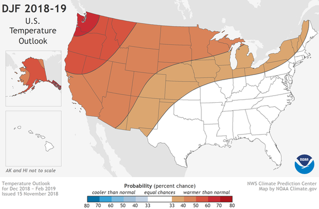 Map of U.S. winter temperature outlook for 2018-19