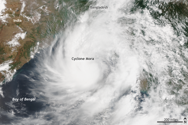 NOAA/NASA Suomi/NPP satellite image taken on May 29, 2017 of Cyclone Mora in the Bay of Bengal