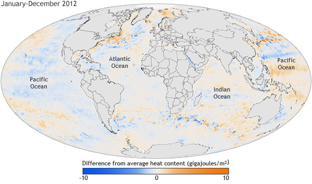 Map of global ocean heat content in 2012 compared to the 1993 to 2012 average.