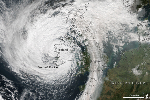 Suomi NPP satellite image of ex-hurricane Ophelia impacting Ireland on October 16, 2017