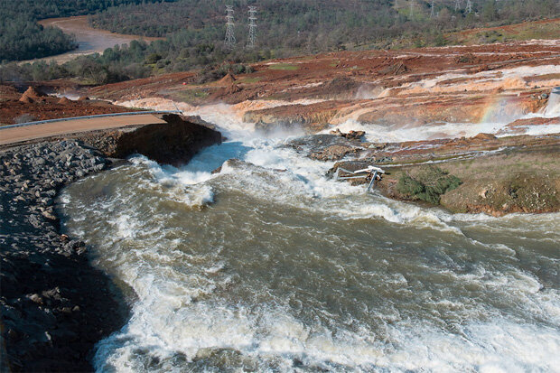 Photo looking downhill from near the top of the Oroville Dam Auxiliary Spillway on February 12, 2017