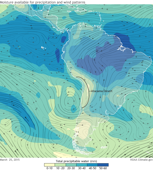 Map showing amount of water vapor available for rainfall on March 25, 2014, along with arrows showing relative wind speed (line thickness) and direction (arrows)