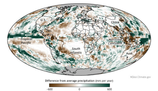Global map of precipitation in 2014 compared to the 1988 to 2010 average.