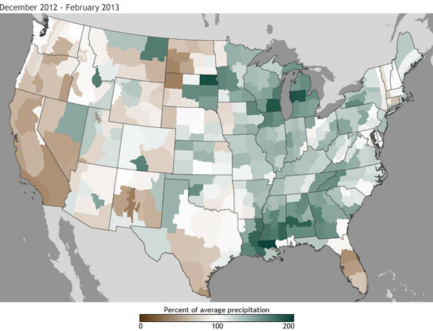 Map of percent of average precipitation for the CONUS from December 2012 to February 2013.