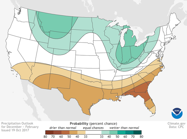 Map of U.S. precipitation outlook for winter 2017-18