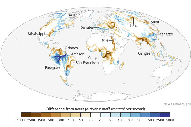Global map of river outflow in 2014 compared to the 1979 to 2013 average.