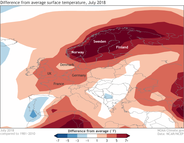 Map of surface temperature anomalies across Europe during July 2018