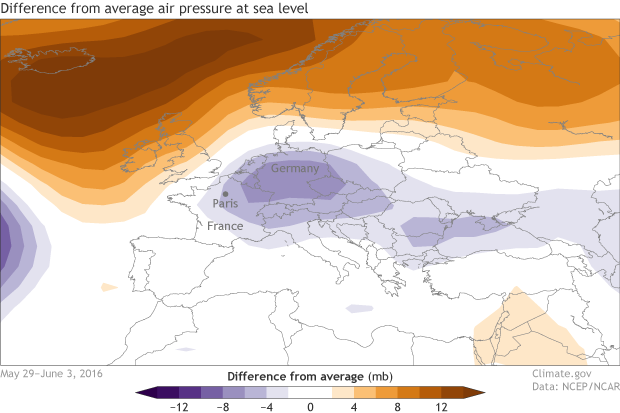 Average pressure at sea level anomaly map