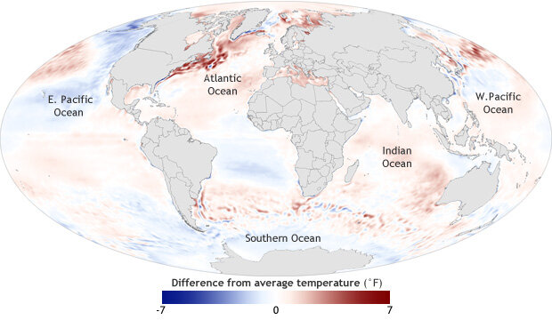 Map of global sea surface temperatures in 2012 compared to the 1981 to 2010 average.