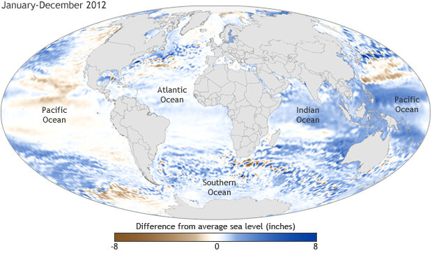 Map of global sea levels in 2012 compared to the 1993-2012 average.