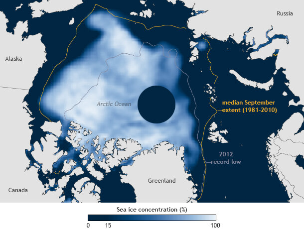 Map of sea ice concentration in September 2013 compared to the 1981 to 2010 median extent and the 2012 record low.