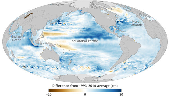 Global map of sea level in 2016 compared to the 1993 to 2016 average.