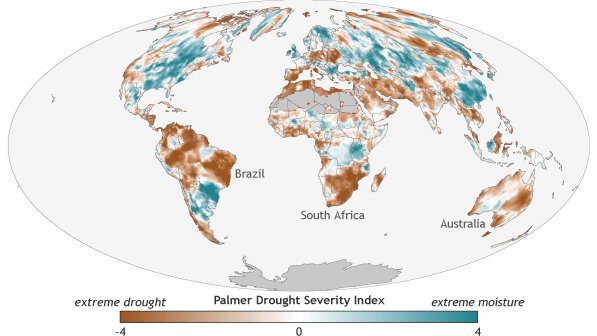 Global map of areas experiencing drought in 2016 compared to average conditions for that region from 1901 to 2016.