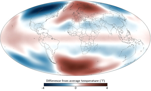 Map of temperatures in the lower stratosphere across the globe in 2013 compared to the 1981-2010 average.