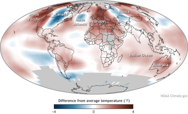 Global map of average temperatures in 2014 compared to the 1981 to 2010 average.