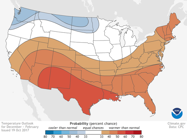 Map of U.S. temperature outlook for winter 2017-18