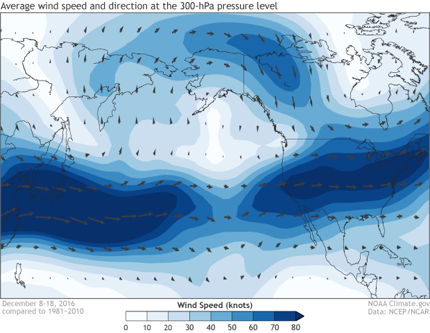 Map of wind speed and direction across the western Northern Hemisphere in mid-Dec 2018