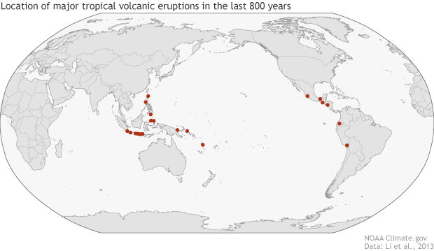 Tropical volcanic eruption map