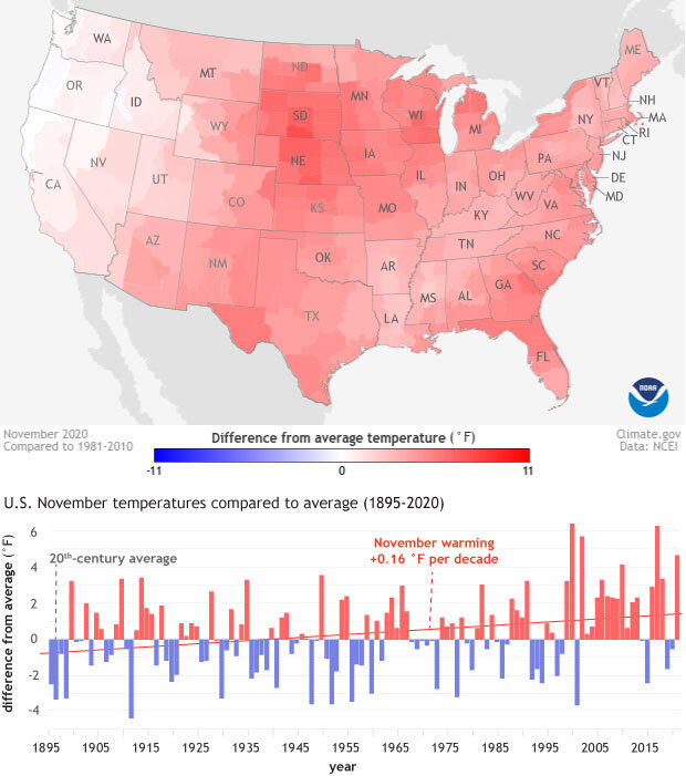 U.S. November temperatures compared to average