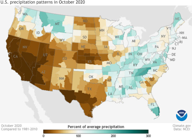 U.S. map of October 2020 precipitation patterns