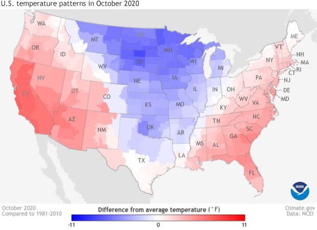 U.S. temperature anomalies for October 2020