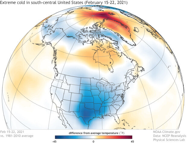 Polar porjection map of Northern Hemisphere showing temperature anomalies in February 2021