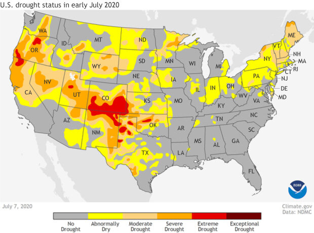 Mpa of drought status across the United States for the week of July 7, 2020.