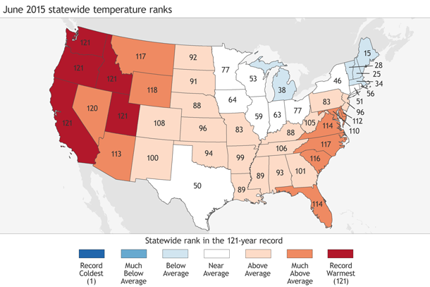 Statewide temperature rank for 2015