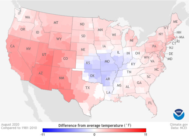 Map of temperatures across the Lower 48 U.S. states in August 2020 compared to the 1981-2010 average.