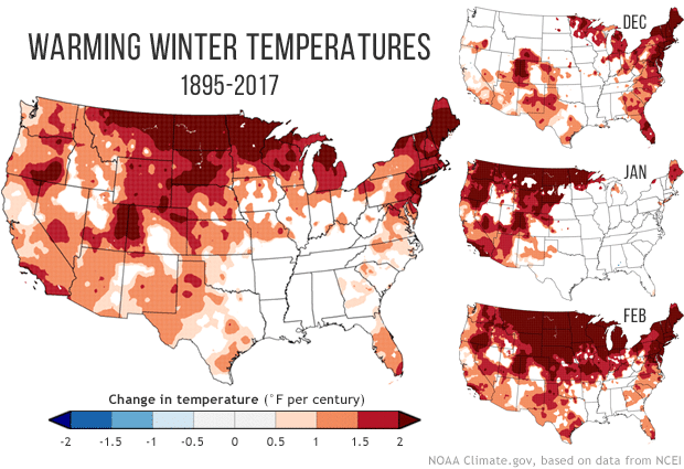 Winter temperature trends maps